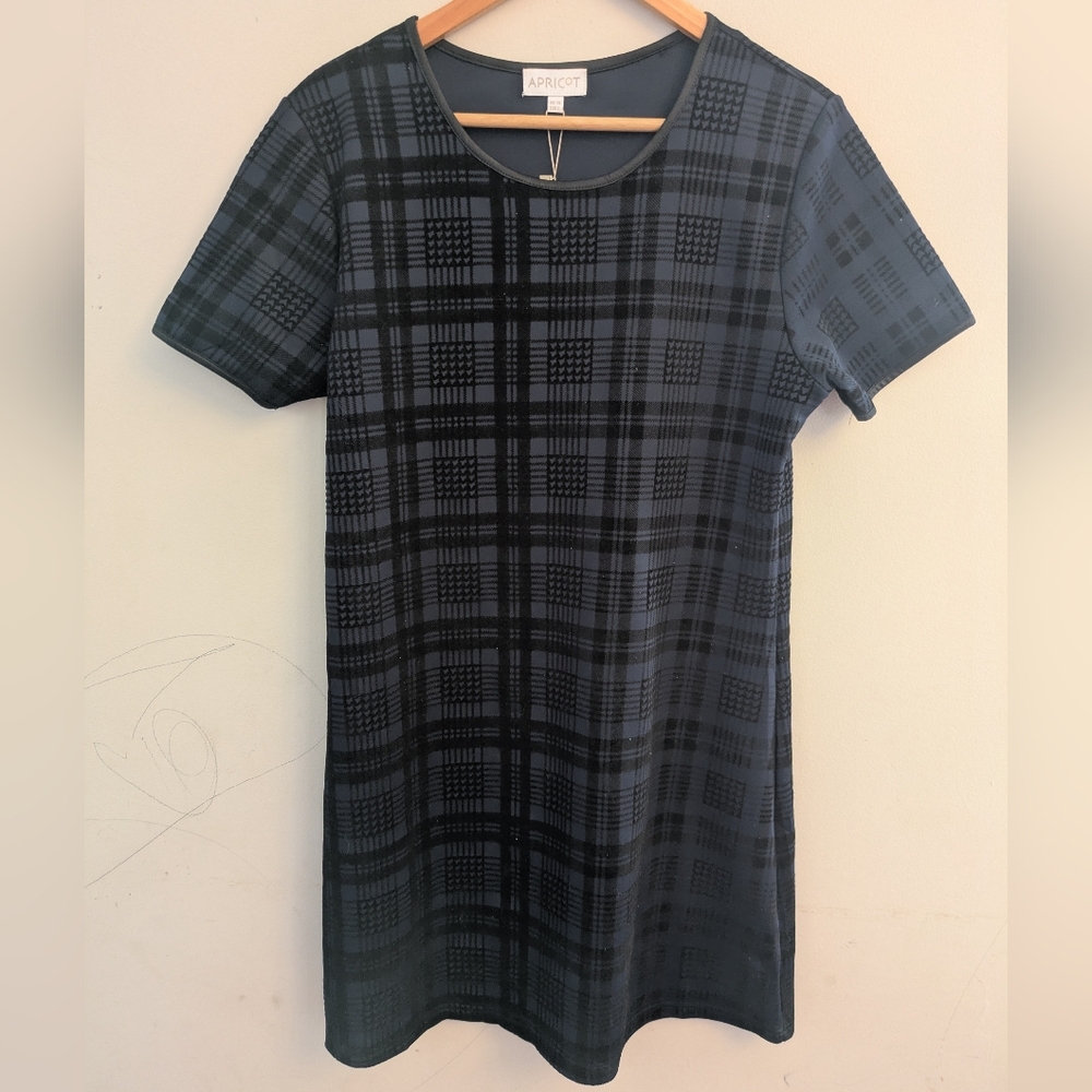 Apricot Navy Plaid Dressy Shirt Dress Size L NEW